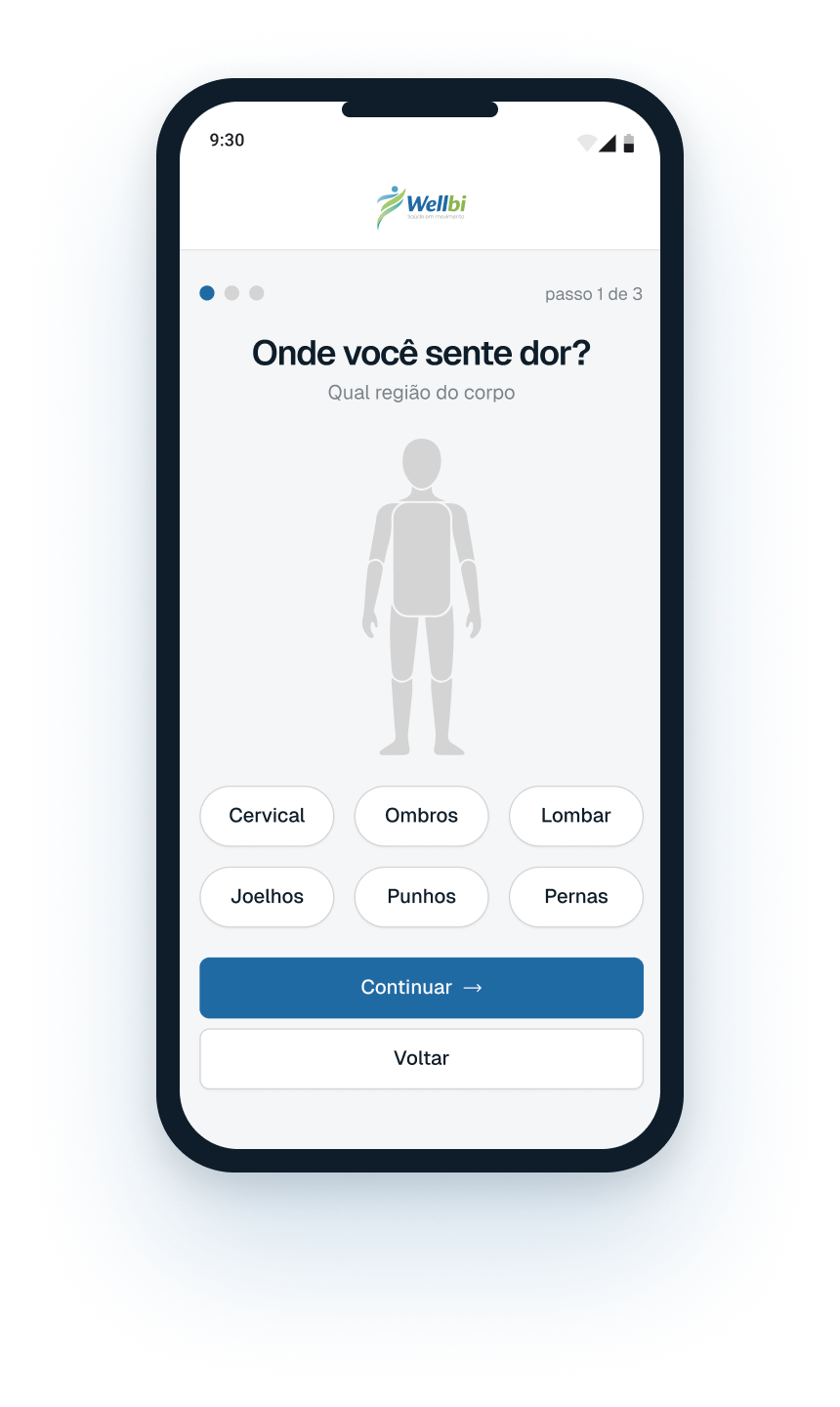 Aplicativo Wellbi mostrando o diagnóstico de dor: onde você sente dor?